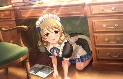 Rule 34 | 1girl, all fours, book, brown eyes, brown hair, building, chair, cloud, desk, drawer, dress, floral print, game cg, idolmaster, idolmaster cinderella girls, idolmaster cinderella girls starlight stage, maid, maid headdress, moon, morikubo nono, neck ribbon, official art, open book, open mouth, puffy sleeves, ribbon, ringlets, solo, sparkle, tree
