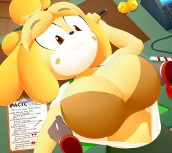Rule 34 | 1girl, animal crossing, blonde hair, bra, breasts, brown eyes, clipboard, confused, disembodied hand, disembodied limb, dog girl, furry, furry female, green vest, grin, huge breasts, isabelle (animal crossing), large breasts, nintendo, pen, shirt, slickehedge, smile, smirk, solo focus, unbuttoned, unbuttoned shirt, underwear, vest, white shirt, yellow bra, yellow fur