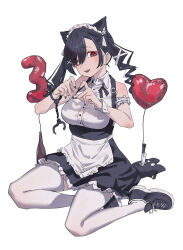 Rule 34 | alcohol, alternate costume, animal ears, anniversary, apron, arisaki (cnxy7525), arm garter, balloon, bare shoulders, black bow, black bowtie, black footwear, black hair, black nails, black skirt, bottle, bow, bowtie, cat ears, creature request, cuffs, dress, drill hair, enmaided, eyes visible through hair, hair ornament, hair over one eye, handcuffs, heart, heart balloon, heart hands, highres, knife, long hair, looking at viewer, maid, maid apron, maid headdress, mitsurugi lia, red eyes, shirt, shoes, simple background, sitting, skirt, sleeveless, sleeveless dress, sleeveless shirt, smile, sneakers, thighhighs, twin drills, twintails, virtual youtuber, wactor production, white apron, white background, white shirt, white thighhighs, wine bottle, x hair ornament, yokozuwari