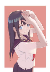 Rule 34 | 1girl, arms up, black hair, black sailor collar, black skirt, blue eyes, brown background, closed mouth, commentary, eyebrows hidden by hair, highres, itachi kanade, long hair, looking at viewer, neckerchief, original, pleated skirt, red neckerchief, sailor collar, school uniform, serafuku, shirt, short sleeves, skirt, smile, solo, two-tone background, white background, white shirt