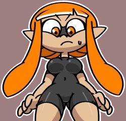 Rule 34 | 1girl, black bodysuit, blunt bangs, bodysuit, breasts, brown background, closed mouth, covered navel, cowboy shot, female focus, from below, gluteal fold, inkling, inkling girl, inkling player character, long hair, looking down, matching hair/eyes, medium breasts, nintendo, orange eyes, orange hair, outline, pointy ears, shiny clothes, shiny skin, simple background, solo, splatoon (series), squid girl, standing, sweat, tentacle hair, tentacles, thick thighs, thighs, twintails, v-shaped eyebrows, vilepluff, white outline, wide hips