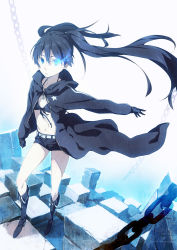 Rule 34 | 10s, bikini, bikini top only, black hair, black rock shooter, black rock shooter (character), blue eyes, boots, chain, flat chest, gloves, hood, hoodie, houru, long hair, midriff, shorts, solo, swimsuit, twintails, uneven twintails, very long hair