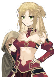 Rule 34 | 2girls, age difference, aged down, bandeau, blonde hair, braid, breasts, cloak, detached sleeves, dual persona, fate/apocrypha, fate/grand order, fate/grand order arcade, fate (series), flying sweatdrops, green eyes, hand on own hip, highres, hood, hood up, hooded cloak, long hair, looking away, mordred (fate), mordred (fate/apocrypha), multiple girls, navel, official alternate hairstyle, red bandeau, rizu033, simple background, small breasts, stomach, sweat, time paradox, white background