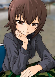 Rule 34 | 1girl, blurry, blurry background, brown eyes, brown hair, camouflage, chair, closed mouth, commentary request, depth of field, dress shirt, elbow rest, girls und panzer, gofu, grey shirt, half-closed eyes, head rest, insignia, kuromorimine school uniform, long sleeves, looking at viewer, nishizumi maho, school uniform, shirt, short hair, sitting, smile, solo, wing collar