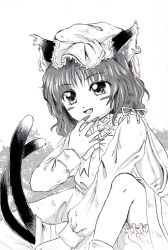 Rule 34 | 1girl, :d, animal ear piercing, animal ears, bloomers, bow, bowtie, cat ears, cat girl, cat tail, chen, dress, fang, fingernails, hand up, hat, long fingernails, long sleeves, medinki, mob cap, monochrome, multiple tails, official style, open mouth, short hair, smile, solo, tail, touhou, two tails, underwear, zun (style)