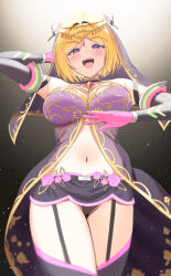 Rule 34 | 1girl, aki rosenthal, bare shoulders, blonde hair, blush, bob cut, breasts, hair ornament, headgear, highres, hololive, large breasts, looking at viewer, navel, open mouth, parted bangs, purple eyes, short hair, smile, solo, twin (tt lsh), virtual youtuber