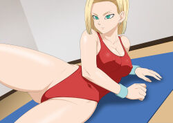 Rule 34 | 1girl, android 18, blonde hair, bob cut, breasts, cleavage, covered erect nipples, covered navel, dragon ball, dragonball z, earrings, exercising, expressionless, female focus, green eyes, highres, indoors, jewelry, large breasts, leg up, legs, leotard, lime (purple haze), lying, medium hair, red leotard, solo, thighs
