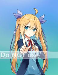 Rule 34 | 1girl, ahoge, blazer, blonde hair, blue background, blue eyes, blue jacket, blue ribbon, blue sweater, blush, closed mouth, collared shirt, commentary request, english text, gradient background, hair between eyes, hair ribbon, highres, index fingers raised, jacket, koi dance, long hair, long sleeves, looking at viewer, mo (pixiv9929995), neck ribbon, open clothes, open jacket, original, outstretched arm, red ribbon, ribbon, school uniform, shirt, solo, sweater, twintails, upper body, very long hair, watermark, white shirt