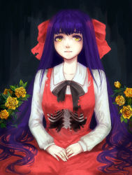 Rule 34 | 1girl, black bow, bow, dragonfish (3039184), dress, ellen (majo no ie), flower, long hair, long sleeves, looking at viewer, majo no ie, purple hair, red bow, red dress, rose, skeleton, solo, yellow eyes, yellow rose