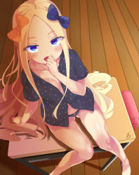 Rule 34 | 1girl, abigail williams (fate), bad id, bad pixiv id, black bow, black panties, black shirt, blonde hair, blue eyes, bow, breasts, collarbone, desk, fate/grand order, fate (series), forehead, hair bow, highres, legs, long hair, multiple bows, nail polish, open mouth, orange bow, panties, parted bangs, polka dot, polka dot bow, shirt, short sleeves, sitting, small breasts, underwear, vibncent