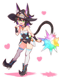 Rule 34 | 1girl, animal ears, ball and chain (weapon), black footwear, black hair, black hat, black panties, black shirt, black sleeves, blue hair, cat ears, cat girl, cat tail, commentary, cougar (cougar1404), cross, detached collar, detached sleeves, ears through headwear, full body, hand to own mouth, hat, heart, levilina (cougar1404), looking at viewer, medium hair, multicolored hair, no pants, open mouth, original, panties, pointy footwear, prototype design, ribbed thighhighs, shirt, smile, solo, standing, standing on one leg, strapless, strapless shirt, tail, thighhighs, two-tone hair, underwear, white thighhighs, witch hat