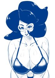 Rule 34 | 1girl, bare arms, bare shoulders, big hair, bikini, blush, breasts, cleavage, collarbone, creatures (company), game freak, glasses, highres, huge breasts, leaning forward, lips, looking at viewer, monochrome, nintendo, parted lips, pokemon, pokemon sm, short hair, simple background, sketch, solo, speeds, swimsuit, upper body, white background, wicke (pokemon)