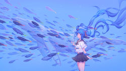 Rule 34 | 1girl, arm at side, blouse, blue eyes, blue hair, blue theme, bottle, feet out of frame, fish, floating hair, hair ribbon, hand up, hatsune miku, highres, holding, holding bottle, long hair, pleated skirt, pre (preecho), ribbon, sailor collar, school uniform, serafuku, shirt, short sleeves, skirt, solo, standing, twintails, vocaloid, whale