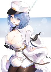 Rule 34 | 1girl, absurdres, azur lane, black gloves, blue eyes, blue hair, blush, breasts, chain, chapayev (azur lane), gloves, hair ornament, hairclip, hat, highres, hoerutarou, jacket, large breasts, looking at viewer, military hat, mole, mole on breast, peaked cap, pleated skirt, short hair, skirt, smile, solo, white hat, white jacket, white skirt