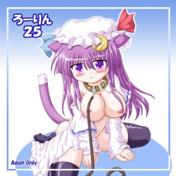 Rule 34 | 1girl, animal ears, blush, breasts, cat ears, cat girl, cat tail, collar, female focus, gradient background, hat, inasaki shirau, large breasts, leash, long hair, patchouli knowledge, purple eyes, purple hair, solo, tail, touhou, white background