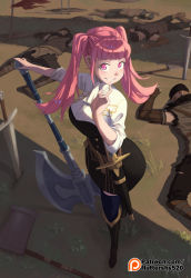 Rule 34 | 1girl, 4boys, artist name, axe, belt, belt buckle, blush, boots, breasts, buckle, commentary, defeat, english commentary, fire emblem, fire emblem: three houses, flag, garreg mach monastery uniform, green little, high heel boots, high heels, hilda valentine goneril, holding, holding axe, large breasts, long hair, lying, military, military uniform, multiple boys, nintendo, on stomach, pants, patreon username, pink eyes, pink hair, sheath, sheathed, shirt, smile, soldier, sword, thighhighs, twintails, unconscious, uniform, weapon, zettai ryouiki