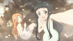 Rule 34 | absurdres, asuna (sao), black hair, blunt bangs, brown hair, cleaned, color halftone, from above, happy, highres, long hair, long legs, looking at viewer, looking up, multiple girls, naked towel, nude, official art, onsen, open mouth, outdoors, outstretched arm, sitting, smile, standing, submerged, sword art online, taking picture, towel, wet, yui (sao)