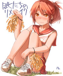 Rule 34 | 1girl, absurdres, ass, blush, bokutachi no remake, brown eyes, cheerleader, collarbone, crop top, frills, hair ornament, hairclip, hand up, highres, kawasegawa eiko, knees up, looking at viewer, no socks, pom pom (cheerleading), ponytail, red skirt, sailor collar, shoes, short shorts, shorts, signature, simple background, sitting, skirt, sneakers, solo, translation request, yanngoto