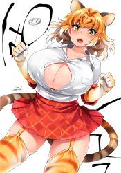 Rule 34 | 10s, 1girl, animal ears, animal print, blonde hair, breast pocket, breasts, buttons, center opening, cleavage, cleavage cutout, clothing cutout, collarbone, collared shirt, commentary request, cowboy shot, dated, extra ears, fang, flying button, garter straps, gloves, gluteal fold, hands up, happa (cloverppd), huge breasts, kemono friends, medium hair, miniskirt, multicolored hair, open mouth, plaid, plaid skirt, pocket, popped button, print gloves, print thighhighs, red skirt, shirt, short sleeves, signature, simple background, skindentation, skirt, solo, standing, tail, thighhighs, tiger (kemono friends), tiger ears, tiger print, tiger tail, two-tone hair, wardrobe malfunction, white background, white hair, white shirt, wing collar, yellow eyes, zettai ryouiki