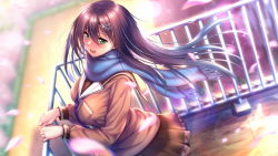 Rule 34 | 1girl, amakano 2, azarashi soft, blue scarf, blurry, blurry background, blush, breasts, female focus, floating hair, from above, game cg, green eyes, hair between eyes, highres, himiyama rei, large breasts, long hair, looking at viewer, open mouth, outdoors, petals, piromizu, purple hair, scarf, school uniform, skirt, smile, solo, standing, wind
