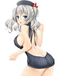 Rule 34 | 10s, absurdres, ass, blue eyes, blush, breasts, butt crack, grey hair, hat, highres, kantai collection, kashima (kancolle), medium breasts, meme attire, ribbed sweater, smile, solo, sweater, thighs, toranoo, twintails, virgin killer sweater, white background