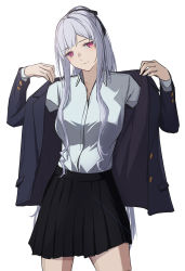 Rule 34 | 1girl, 3 small spiders, absurdres, ak-12 (girls&#039; frontline), artificial eye, bow, braid, collared shirt, french braid, girls&#039; frontline, grey hair, hair bow, highres, holding, holding clothes, holding jacket, jacket, long hair, mechanical eye, open clothes, open jacket, pleated skirt, ponytail, purple eyes, school uniform, serafuku, shirt, skirt, smile, standing, white background, white shirt
