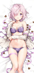 Rule 34 | 1girl, alternate costume, anmi, bare legs, bare shoulders, barefoot, bed sheet, blush, bow, bow bra, bra, breasts, candy, chocolate, chocolate heart, cleavage, dakimakura (medium), fate/grand order, fate (series), food, frilled bra, frills, from above, hair over one eye, heart, light purple hair, looking at viewer, lying, mash kyrielight, medium breasts, multi-strapped panties, navel, on back, open clothes, open mouth, panties, plaid, plaid bra, plaid panties, purple bra, purple eyes, purple panties, ribbon, sample watermark, short hair, smile, solo, underwear, watermark