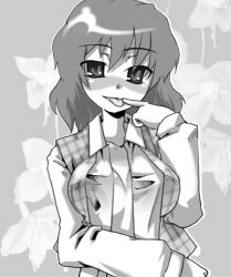 Rule 34 | 1girl, blush, breasts, cleavage, female focus, finger to mouth, gengorou, greyscale, kazami yuuka, large breasts, lowres, monochrome, naughty face, open clothes, open shirt, plaid, plaid vest, shirt, solo, tongue, touhou, vest