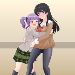 Rule 34 | 2girls, bang dream!, black hair, black panties, black socks, blush, breasts, brown background, brown shirt, brown skirt, clothes lift, collarbone, embarrassed, eye contact, female focus, flat chest, green skirt, grey jacket, hair ornament, highres, hug, indoors, jacket, kneehighs, lifting another&#039;s clothes, long hair, long sleeves, looking at another, medium breasts, miniskirt, multiple girls, neck ribbon, nose blush, one eye closed, open mouth, panties, panties under pantyhose, pantyhose, peeing, peeing self, plaid, plaid skirt, pleated skirt, purple eyes, red eyes, red ribbon, ribbon, sailor collar, school uniform, sen no yugami, shirokane rinko, shirt, short hair, simple background, skirt, skirt lift, socks, standing, sweat, tears, textless version, twintails, udagawa ako, underwear, wet, wet clothes, wet panties, wet pantyhose, white sailor collar, white shirt