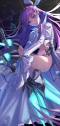 Rule 34 | 1girl, absurdres, armor, ass, blue eyes, blue ribbon, bow, breasts, coat, fate/grand order, fate (series), flower, greaves, hair ribbon, highleg, highleg panties, highres, jiajiayu, leg armor, lily (flower), long hair, long sleeves, looking at viewer, meltryllis (fate), meltryllis (third ascension) (fate), midriff, navel, panties, purple hair, ribbon, sleeves past fingers, sleeves past wrists, small breasts, solo, stomach, thighs, underwear, very long hair, white coat, white lily, white ribbon
