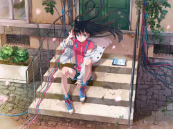 Rule 34 | 1girl, bare legs, between thighs, black hair, blue eyes, cable, dress shirt, eihi, from above, headphones, ipad, jacket, long hair, off shoulder, original, plant, shirt, shoes, shorts, sitting, sitting on stairs, sneakers, solo, stairs, suspenders, tablet pc, thighs, wind