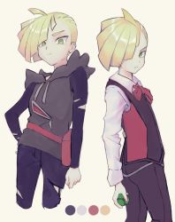 1boy, ahoge, blonde hair, closed mouth, collared shirt, commentary request, creatures (company), dusk ball, ear piercing, game freak, gladion (pokemon), green eyes, highres, holding, holding poke ball, hood, hoodie, long sleeves, looking back, male focus, meifuru, multiple views, neck ribbon, nintendo, pants, piercing, poke ball, pokemon, pokemon (anime), pokemon sm (anime), red ribbon, ribbon, shiny, shiny hair, shirt, short hair, torn clothes, torn pants, vest, white shirt