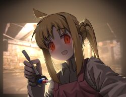 Rule 34 | 1girl, ahoge, apron, bags under eyes, blonde hair, bocchi the rock!, collared shirt, day, detached ahoge, fork, highres, ijichi nijika, indoors, long hair, long sleeves, looking at viewer, myjet, open mouth, pill, pink apron, ponytail, pov, red eyes, shirt, sidelocks, smile, solo, white shirt