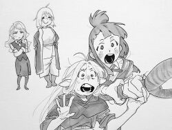 Rule 34 | 4girls, braid, crossover, diana cavendish, dungeon meshi, falin touden, holding, holding staff, little witch academia, marcille donato, multiple girls, open mouth, samipeko, single braid, smile, staff, surprised, worried