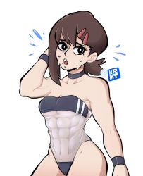 Rule 34 | 1girl, abs, absurdres, alternate costume, breasts, brown hair, chainsaw man, embarrassed, female focus, higashiyama kobeni, highres, kermittend, large breasts, looking at viewer, muscular, muscular female, pants, shirt, short hair, solo, source request, spots, sweat, swimsuit, transparent