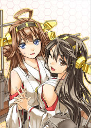 Rule 34 | 10s, 2girls, ;d, abo (hechouchou), ahoge, bare shoulders, black hair, blue eyes, brown eyes, brown hair, detached sleeves, double bun, hairband, holding hands, haruna (kancolle), headgear, honeycomb background, honeycomb pattern, interlocked fingers, japanese clothes, kantai collection, kongou (kancolle), long hair, multiple girls, one eye closed, open mouth, personification, ribbon-trimmed sleeves, ribbon trim, smile, wink