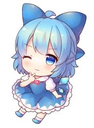 Rule 34 | 1girl, ;3, ahoge, blue bow, blue dress, blue footwear, blue hair, bow, cirno, closed mouth, coa (chroo x), dress, full body, hair bow, ice, ice wings, looking at viewer, one eye closed, short hair, short sleeves, simple background, smile, solo, touhou, v, white background, wings