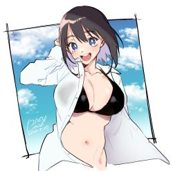 Rule 34 | 1girl, arm up, bikini, black hair, blue eyes, blue sky, breasts, cleavage, collarbone, collared shirt, commentary request, dated, day, dress shirt, highres, karasuma yayoi, large breasts, long sleeves, looking at viewer, mole, mole under eye, navel, open clothes, open mouth, open shirt, original, outside border, shirt, short hair, signature, sky, smile, solo, swimsuit, teeth, unbuttoned, upper teeth only, white shirt, wind