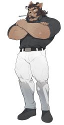 Rule 34 | 1boy, animal ear request, bara, belt, black belt, black shirt, brown fur, brown hair, bulge, crossed arms, facial hair, full body, goatee, green eyes, highres, long sideburns, looking to the side, male focus, mature male, muscular, muscular male, navel, original, pants, scar, scar on face, scar on mouth, scar on nose, shirt, short hair, sideburns, sleeves rolled up, smoking, solo, standing, syukapong, thick eyebrows, thick thighs, thighs, tight clothes, tight pants, veins, white background, white pants
