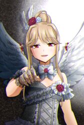 Rule 34 | 1girl, angel wings, black gloves, blonde hair, breasts, chromatic aberration, commentary request, detached collar, dress, feather hair ornament, feathered wings, feathers, flower, gloves, grey dress, hair bun, hair flower, hair ornament, highres, idolmaster, idolmaster million live!, idolmaster million live! theater days, kotori ryou, red eyes, see-through, see-through gloves, sidelocks, single hair bun, small breasts, solo, tenkuubashi tomoka, wings