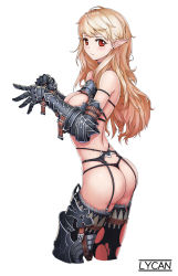 Rule 34 | 1girl, absurdres, ahoge, armor, artist name, ass, bare shoulders, belt, bikini armor, black panties, blonde hair, blush, breasts, cleavage cutout, clothing cutout, cowboy shot, earrings, elf, from side, garter straps, gauntlets, greaves, highres, jewelry, long hair, looking at viewer, looking to the side, lycan, original, panties, pointy ears, red eyes, shiny skin, simple background, skindentation, solo, star (symbol), stud earrings, thighhighs, thong, underwear, white background