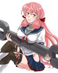 Rule 34 | 10s, 1girl, akashi (kancolle), akemi (wkd4496cxc), blue skirt, breasts, green eyes, hair ribbon, hip vent, kantai collection, long hair, long sleeves, looking at viewer, oversized object, pink hair, pleated skirt, ribbon, school uniform, serafuku, skirt, smile, solo, thighhighs, tress ribbon, twintails, wrench