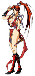 Rule 34 | 1girl, bare hips, bare legs, bare shoulders, breasts, folded fan, covered erect nipples, hand fan, fang, fatal fury, folding fan, full body, japanese clothes, large breasts, long hair, long legs, looking at viewer, ninja, obari style, oobari masami, ponytail, revealing clothes, shiranui mai, smile, snk, solo, standing, the king of fighters, third-party edit