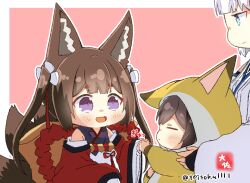 Rule 34 | 3girls, :d, alternate costume, amagi-chan (azur lane), animal costume, animal ear fluff, animal ears, aqua eyes, azur lane, black hair, blunt bangs, brown hair, commentary request, crossover, detached sleeves, eyeshadow, fox costume, fox ears, fox girl, fox tail, hair between eyes, hair ornament, historical name connection, holding hands, japanese clothes, kaga (battleship) (azur lane), kaga (kancolle), kantai collection, kitsune, kyuubi, long hair, long sleeves, looking at another, makeup, multicolored hair, multiple girls, multiple tails, name connection, open mouth, purple eyes, rope, shimenawa, short hair, sidelocks, signature, simple background, smile, tail, taisa (kari), thick eyebrows, twintails, twitter username, two-tone hair, white hair, wide sleeves