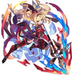 Rule 34 | 1girl, armor, armored boots, artist request, asymmetrical bangs, belt, black footwear, black panties, blonde hair, blue eyes, blue fire, blush, boots, braid, breasts, brown hairband, cleavage, crystal, female focus, fire, french braid, full body, gauntlets, granblue fantasy, greaves, hairband, highres, holding, holding polearm, holding weapon, jumping, knee pads, layered skirt, leg up, light blush, long hair, looking at viewer, medium breasts, non-web source, official art, open mouth, outstretched arm, panties, pleated skirt, polearm, purple skirt, purple thighhighs, red armor, red vest, shoulder armor, showgirl skirt, sidelocks, skirt, solo, teeth, thighhighs, transparent background, twintails, two-handed, underwear, v-shaped eyebrows, vambraces, vest, weapon, world flipper, zeta (granblue fantasy)