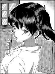 Rule 34 | 10s, 1girl, box, breasts, commentary request, gift, gift box, greyscale, hallway, holding, holding gift, japanese clothes, kaga (kancolle), kantai collection, looking at viewer, looking back, medium breasts, monochrome, open mouth, shino (ponjiyuusu), side ponytail, solo, surprised, upper body, window, wooden floor