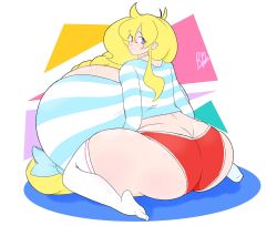 Rule 34 | 1girl, ass, blonde hair, breasts, butt crack, cassie (theycallhimcake), gigantic breasts, highres, huge ass, long hair, looking back, original, red shorts, shirt, short shorts, shorts, sitting, smile, solo, striped clothes, striped shirt, theycallhimcake, thick thighs, thighhighs, thighs, very long hair, wariza, white thighhighs