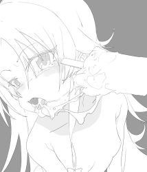 Rule 34 | 10s, 1girl, breasts, dorontabi, eating, female focus, food, grey background, greyscale, highres, long hair, messy, monochrome, nude, open mouth, popsicle, ryuuou no oshigoto!, sexually suggestive, simple background, small breasts, solo, yashajin ai