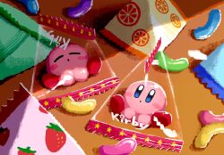 Rule 34 | :o, aruco co, blue eyes, blush, blush stickers, candy, candy wrapper, character name, closed eyes, closed mouth, food, fruit, highres, jelly bean, kirby, kirby (series), looking at viewer, nintendo, no humans, orange (fruit), sitting, star (symbol), strawberry
