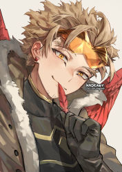 Rule 34 | 1boy, blonde hair, boku no hero academia, costume, earrings, facial hair, facial mark, feathered wings, feathers, fur-trimmed jacket, fur trim, gloves, goatee, hawks (boku no hero academia), holding, jacket, jewelry, kadeart, looking at viewer, male focus, red feathers, red wings, rimless eyewear, short hair, simple background, skin tight, smirk, solo, stubble, stud earrings, tinted eyewear, twitter username, white background, wings, yellow eyes